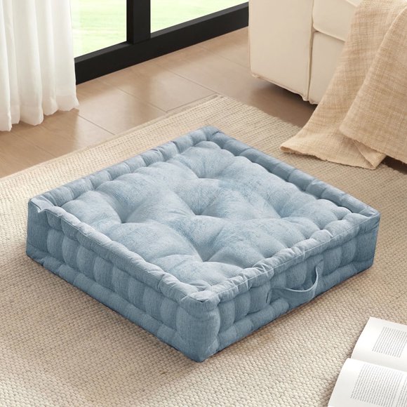Regency Heights Large Tufted Floor Pillow for Seating, Square Meditation Cushion with Handle, Chenille Sitting Pillows Floor Cushion for Yoga Living Room Balcony Office Outdoor, 24" x 24" Aqua