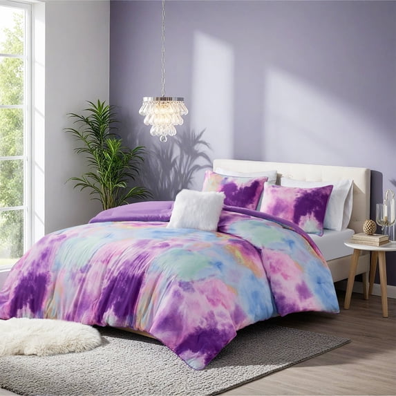 Intelligent Design 4 Piece King/Cal King Size Watercolor Tie Dye Printed Bedding Set, Lavender Comforter Set with Throw Pillow