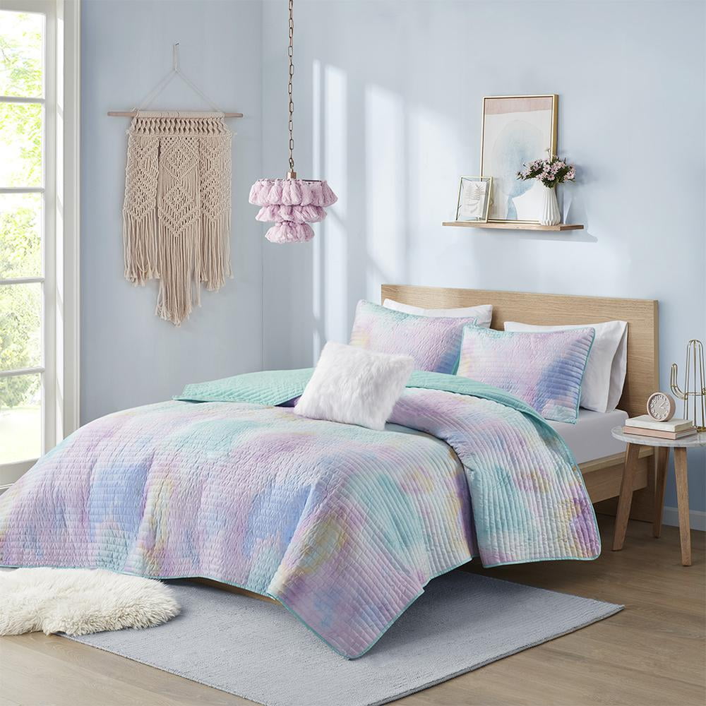 Twin Blue Microfiber Watercolor Tie-Dye Quilt Set