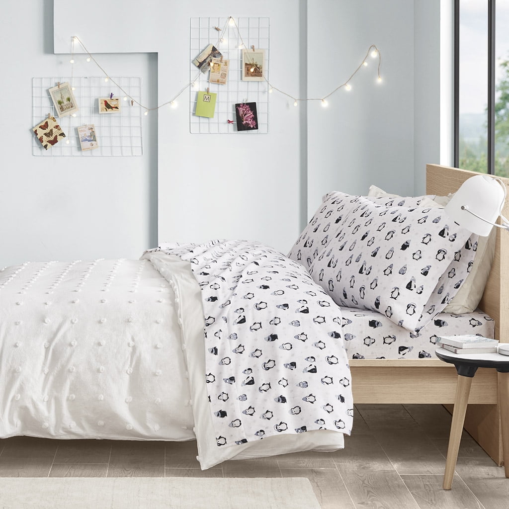 Full Gray Cotton Flannel Penguin Print Sheet Set