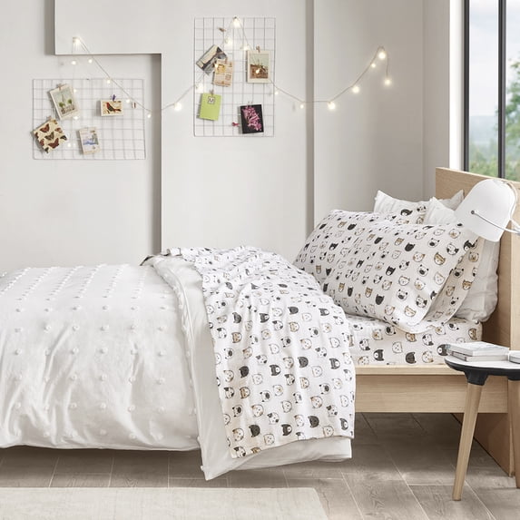 Intelligent Design Cozy Soft 4-Piece Queen Cotton Flannel Printed Sheet Set, Grey/Pink Cats