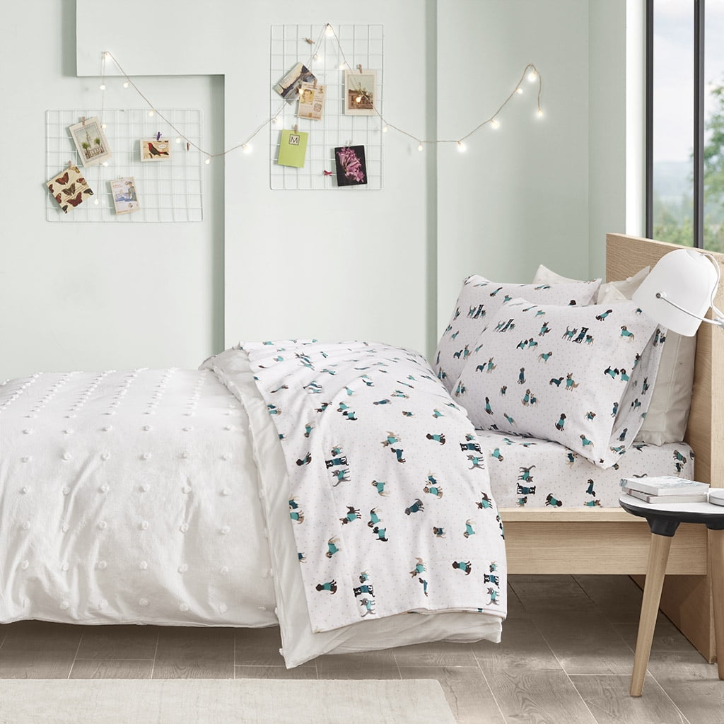 Intelligent Design Cozy Soft 4-Piece Queen Cotton Flannel Printed Sheet Set, Teal Dogs