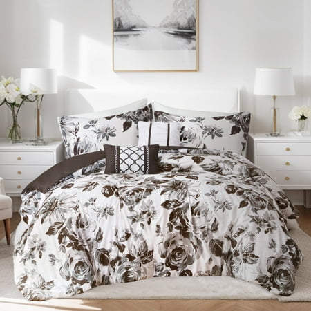 Intelligent Design Dorsey Floral Print Comforter Set in Black and White