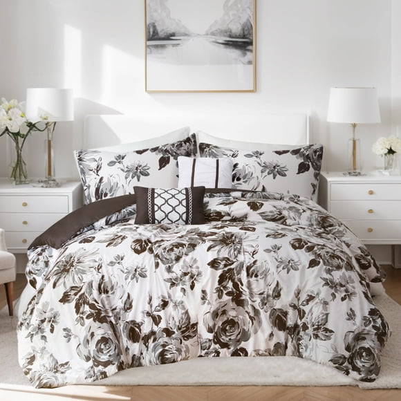 Intelligent Design Dorsey Floral Print Full/Queen Comforter Set in Black/White