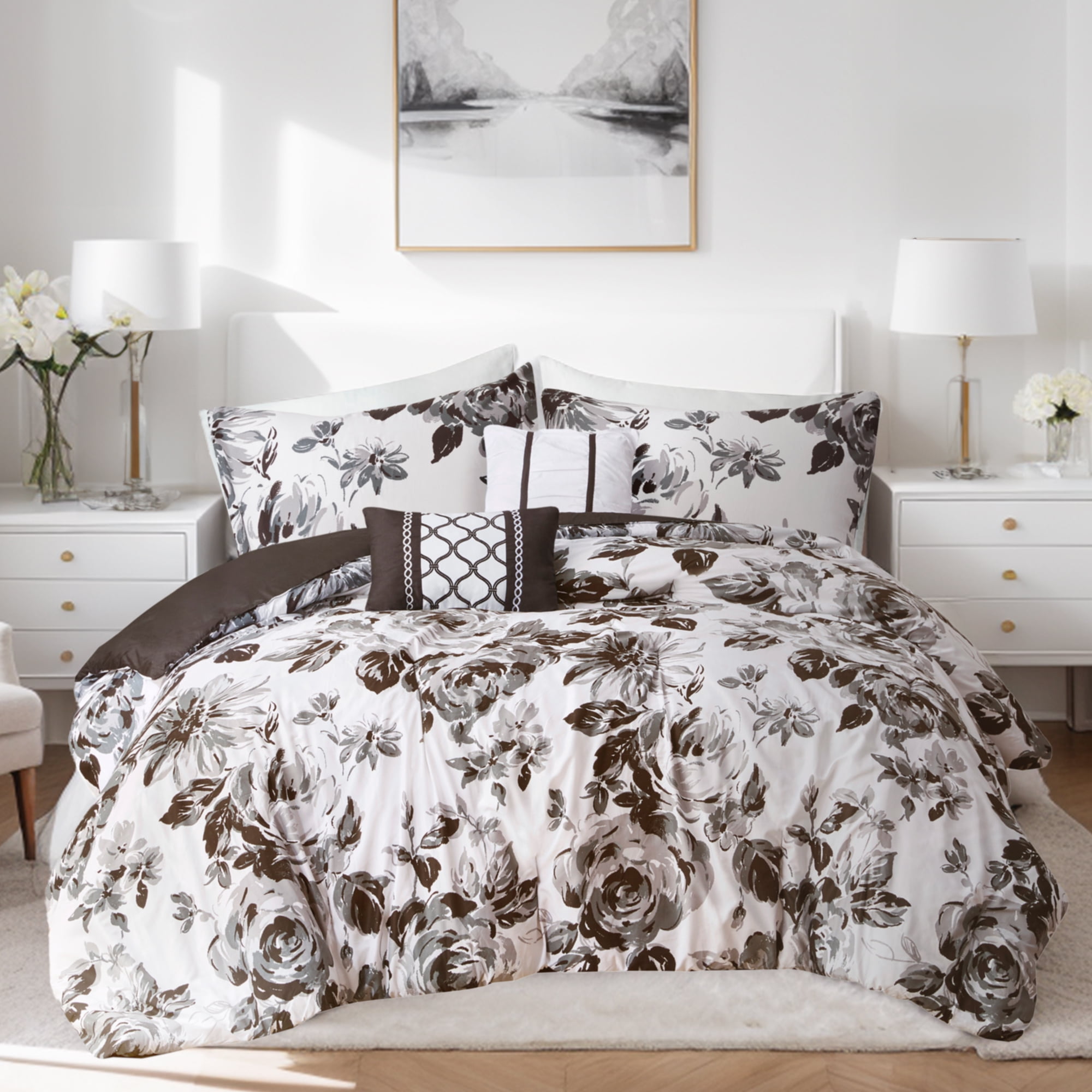 Full Black and White Reversible Microfiber Floral Comforter Set