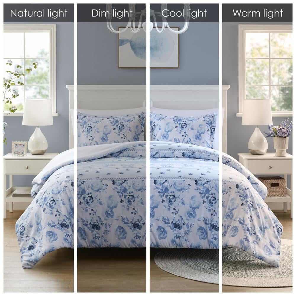 Blue Floral Striped Twin/Twin XL Microfiber Duvet Cover Set