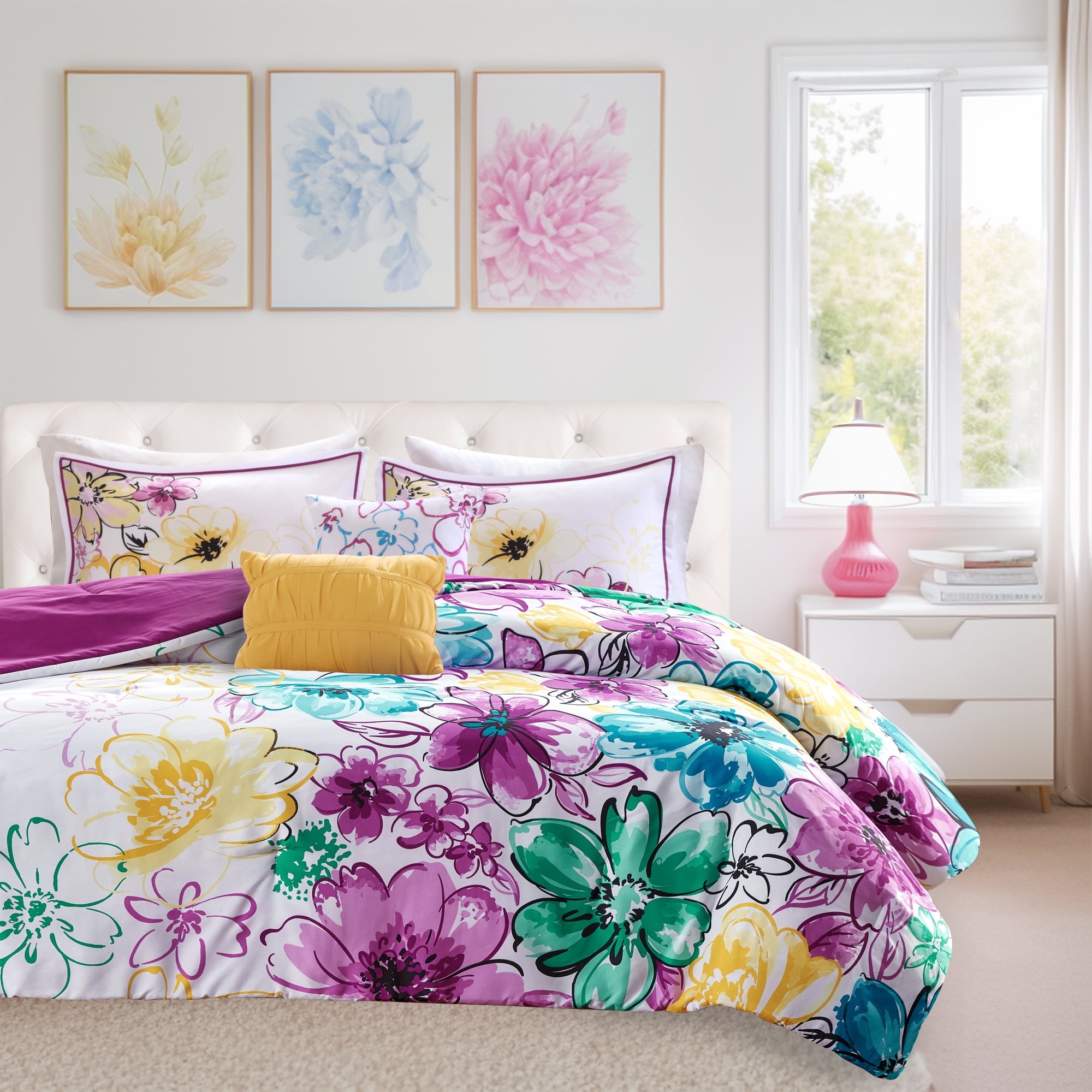 Full Blue Microfiber Down Alternative Floral Comforter Set