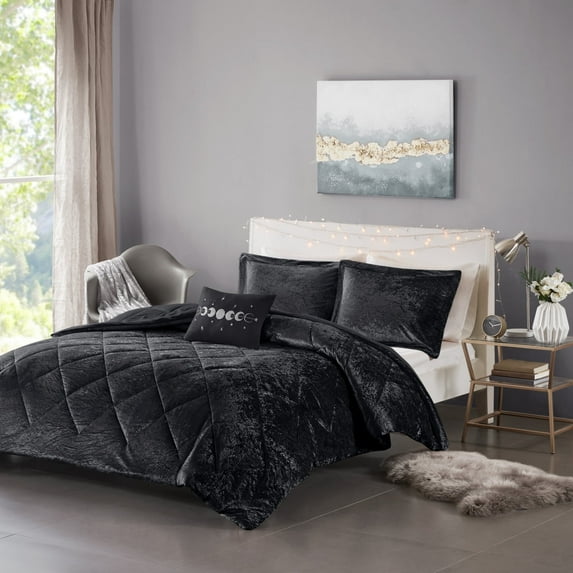 Regency Heights Full/Queen Size Comforter Sets, Velvet Bedding Comforter Set for All Seasons, Black Bedding Set with Decor Pillow, 4-Piece