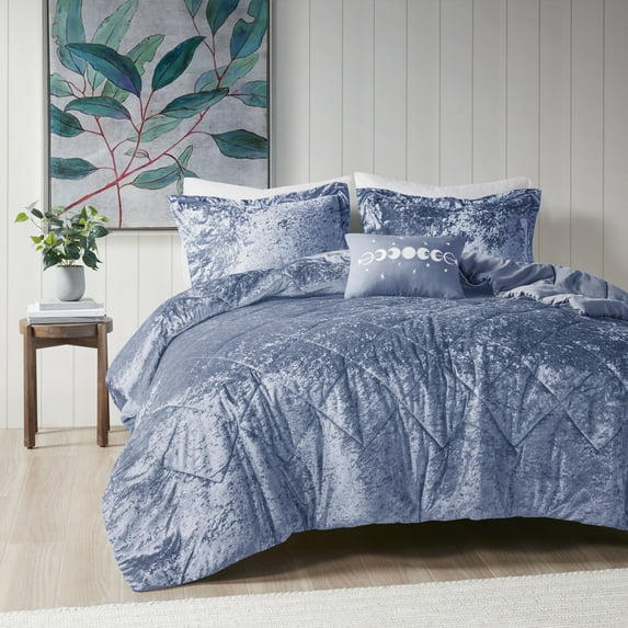 Regency Heights Full/Queen Size Comforter Sets, Velvet Bedding Comforter Set for All Seasons, Blue Bedding Set with Decor Pillow, 4-Piece