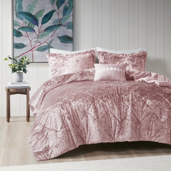 Regency Heights Full/Queen Size Comforter Sets, Velvet Bedding Comforter Set for All Seasons, Blush Bedding Set with Decor Pillow, 4-Piece