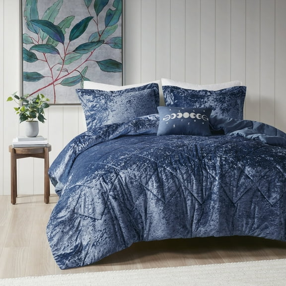 Regency Heights Full/Queen Size Comforter Sets, Velvet Bedding Comforter Set for All Seasons, Navy Bedding Set with Decor Pillow, 4-Piece