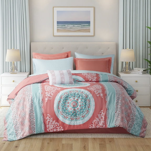 Regency Heights Full Size Comforter Set, 9-Piece Bed in a Bag Full, Coral Bedding Sets with Sheets, Bed Skirt for College Dorm