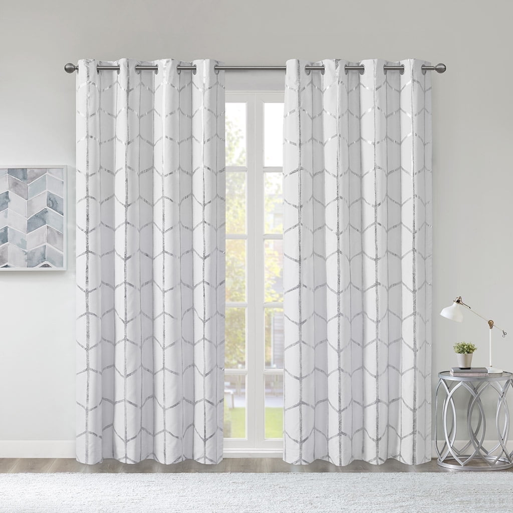 White/Silver Geometric Blackout Grommet Curtain Panel