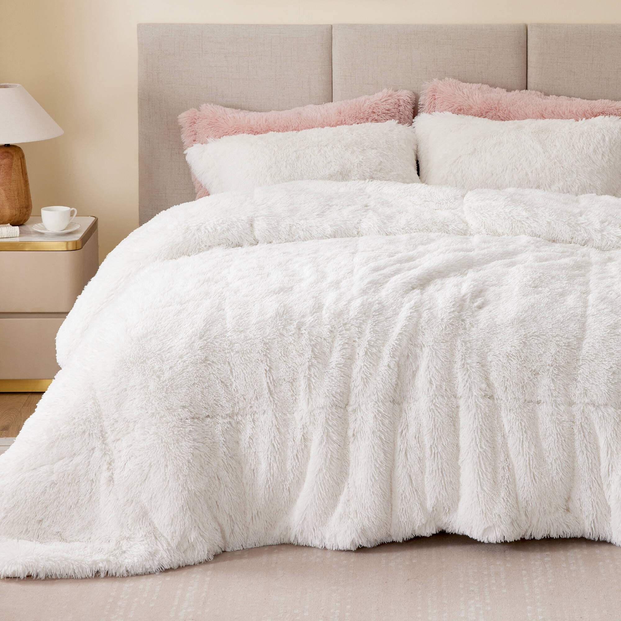 Full White Shaggy Faux Fur Comforter Set
