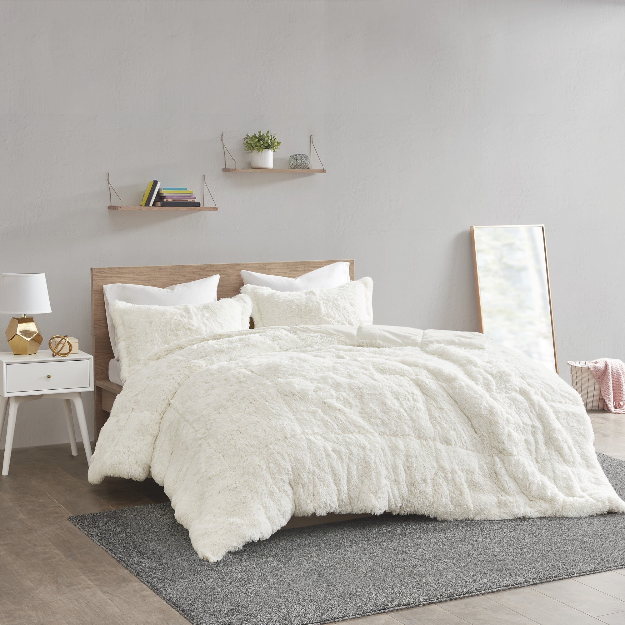 Full White Shaggy Faux Fur Comforter Set