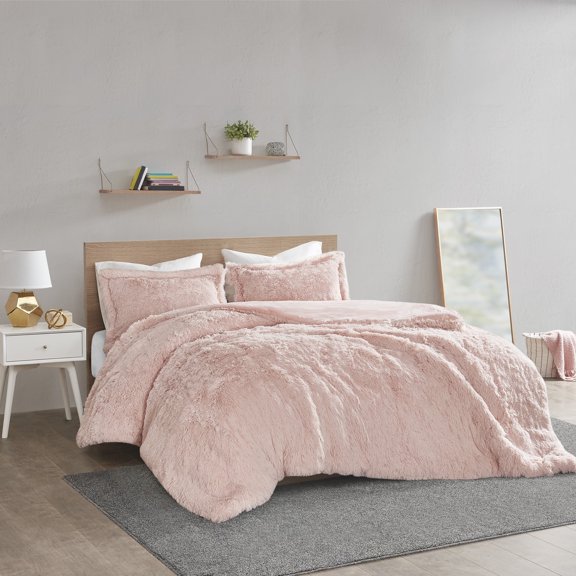 Intelligent Design Malea Polyester Solid Shaggy Fur Duvet Cover Set in Pink