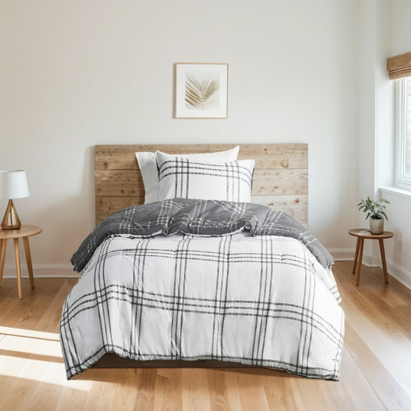 Intelligent Design Twin/Twin XL Comforter Sets, 2-Piece Reversible Bedding Set, Windowpane Plaid Comforter Bedding Set, White/Gray