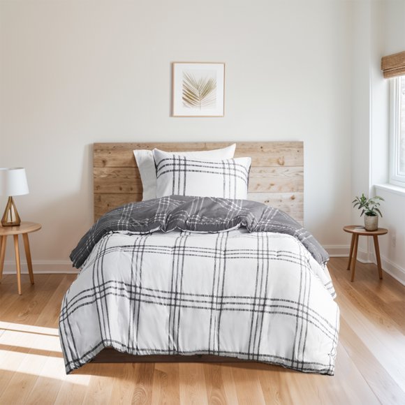 Intelligent Design Twin/Twin XL Comforter Sets, 2-Piece Reversible Bedding Set, Windowpane Plaid Comforter Bedding Set, White/Gray