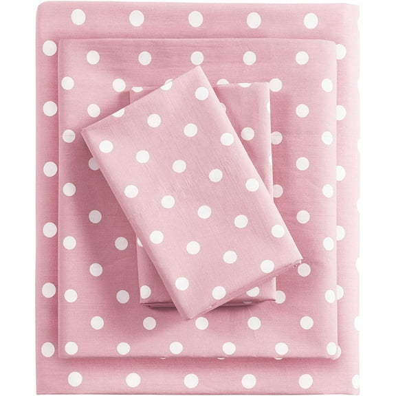 Intelligent Design Pink Full Size Sheet Sets Kids Polka Dot Sheets for Girls 100% Cotton Percale Soft Flat and Fitted Sheet, Pillowcase, Breathable All Season Bed Set, Fits up to 14" Mattress