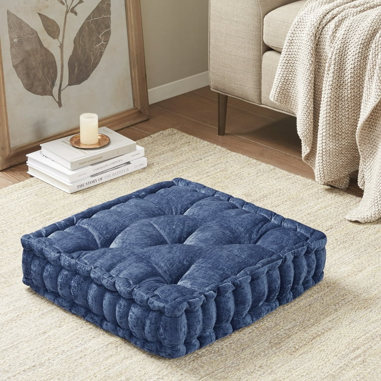 Intelligent Design Poly Chenille Textured Square Floor Pillow Cushion with Scalloped Edge Navy 20 W x 20 L x 5 H
