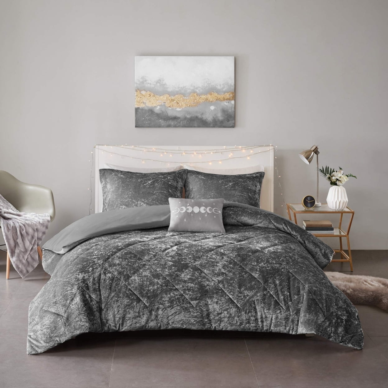 Luxurious Gray Crushed Velvet King/Cal King Duvet Cover Set