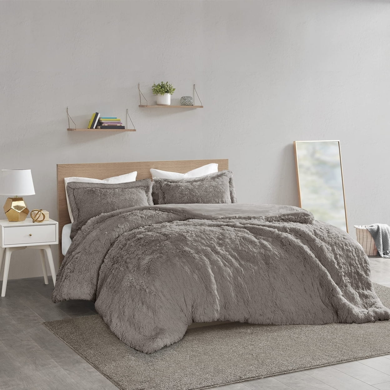 Gray Shaggy Faux Fur Twin Bedspread Cover Set