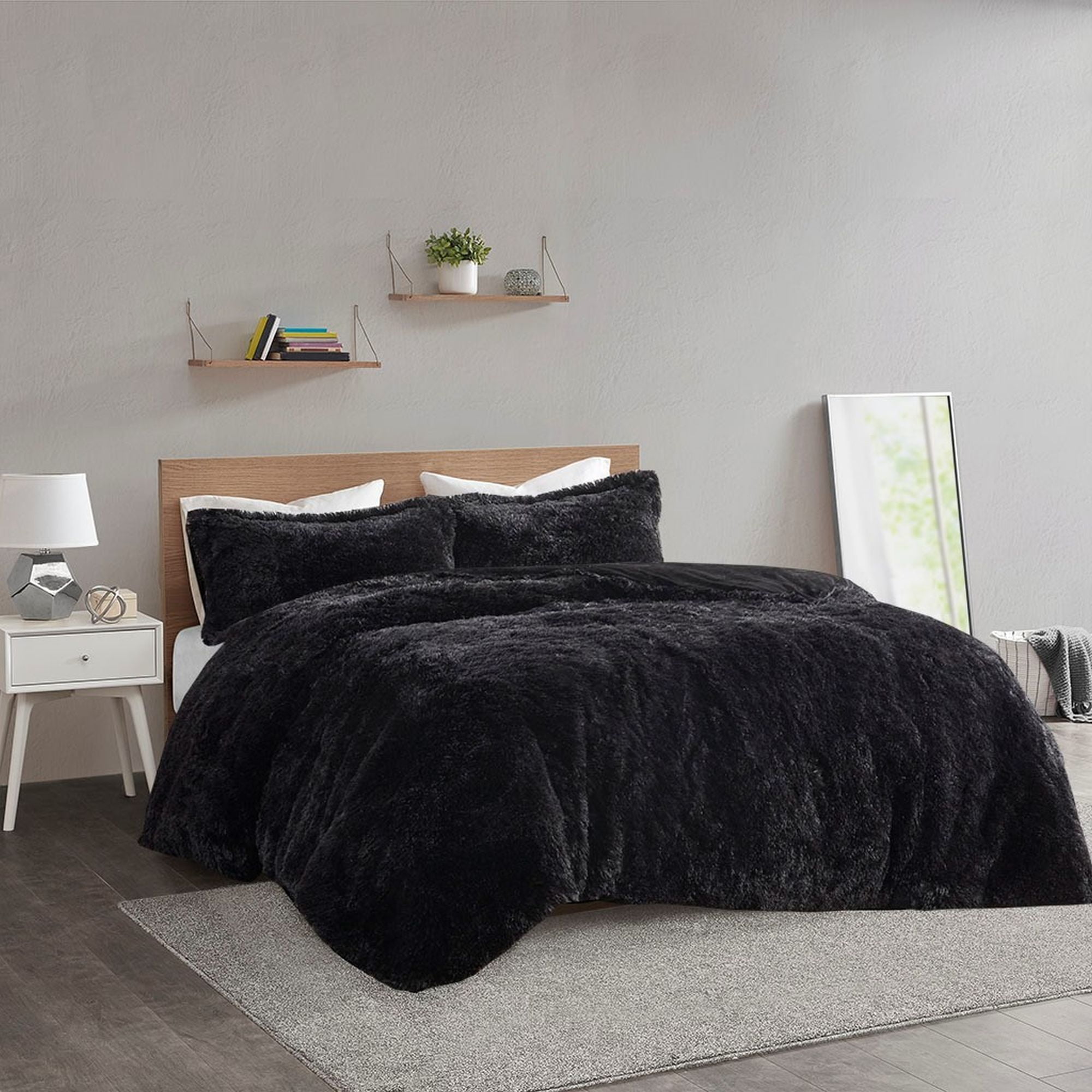 King Black Shaggy Faux Fur Duvet Cover Set
