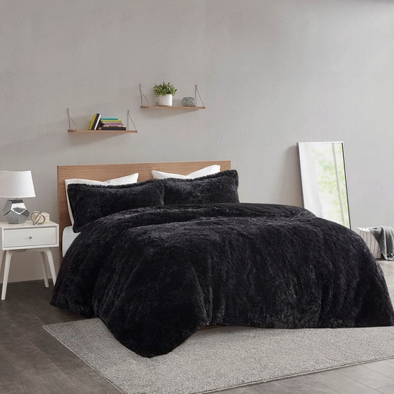 Intelligent Design Polyester Solid Shaggy Fur King Duvet Cover Set in Black