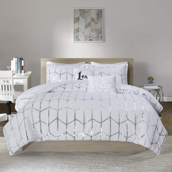 Intelligent Design Raina Fabric Metallic Printed Comforter Set in White/Silver