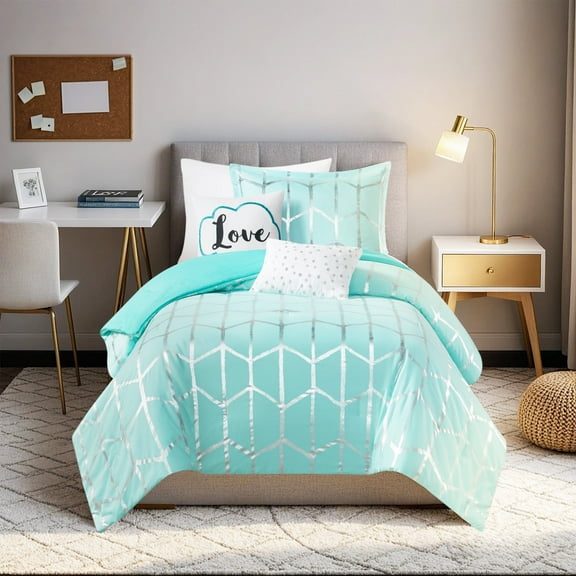 Regency Heights Twin/Twin-XL Size Comforter Set, 4-Piece Bedding Set for All Seasons, Geometric Metallic Comforter Bed Set with Decor Pillows for College Dorm, Aqua/Silver