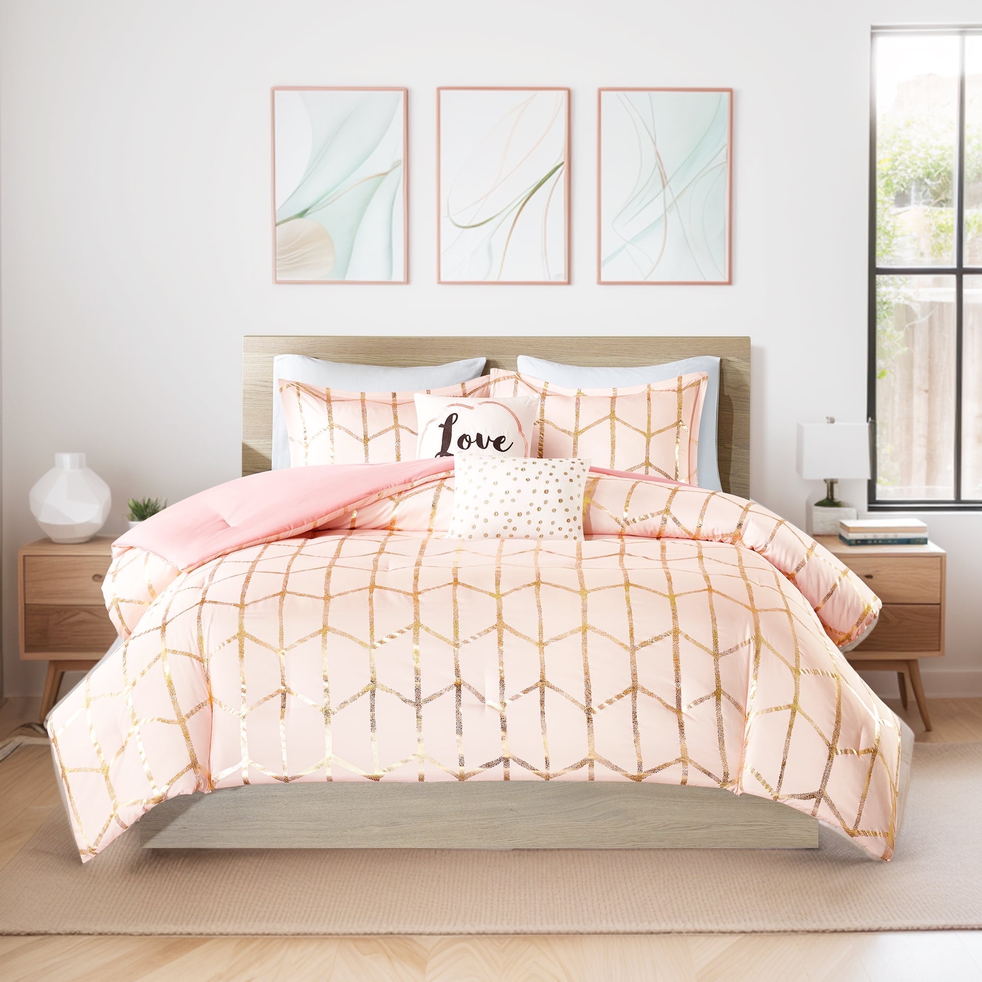 Blush and Gold Twin XL Microfiber Geometric Comforter Set