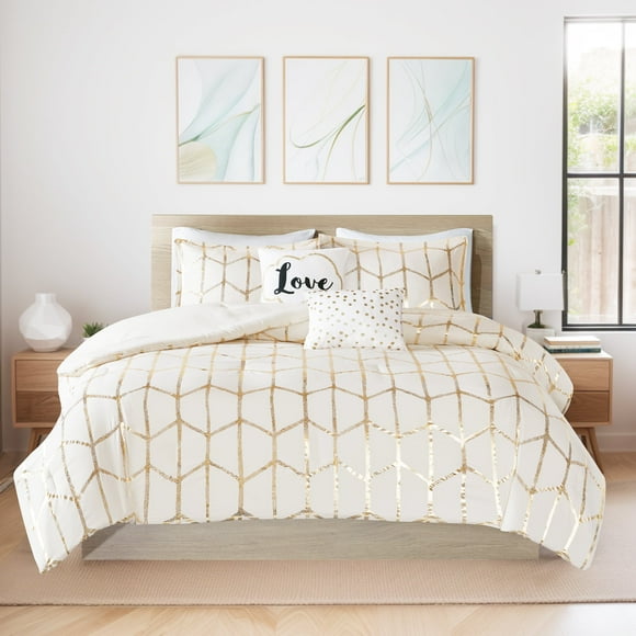 Intelligent Design Raina Metallic Printed Comforter Set in Ivory and Gold