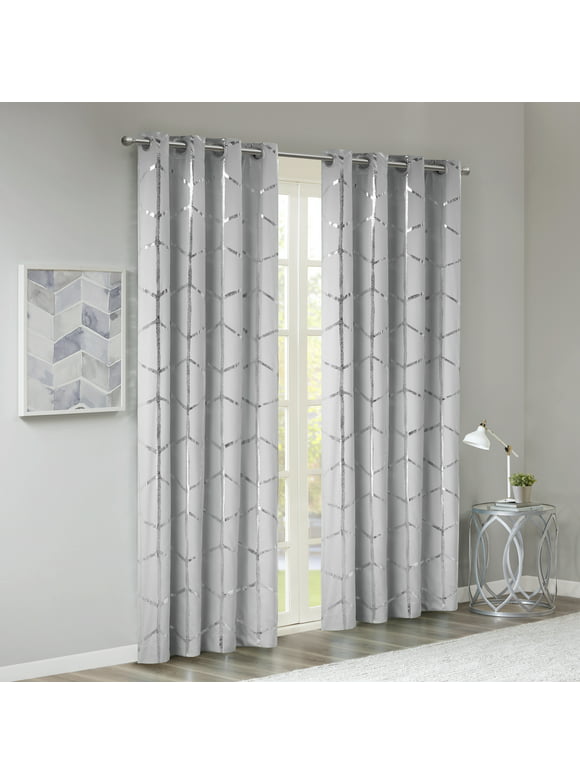 Intelligent Design Raina Total Blackout Metallic Print Grommet Top Curtain Panel Grey/Silver 50x84