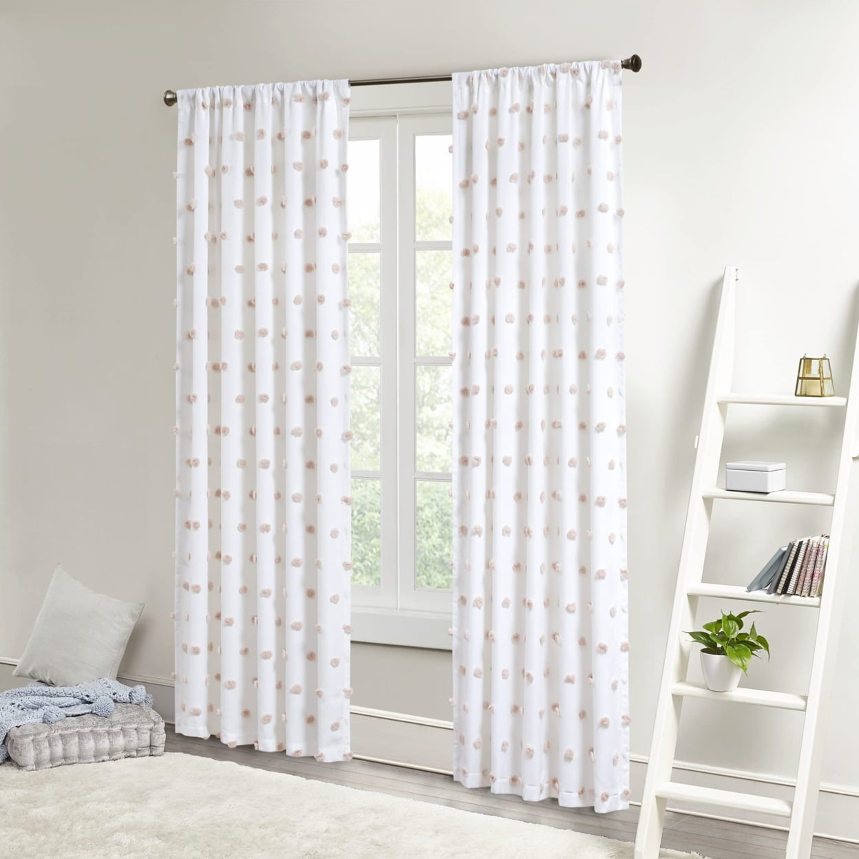 Blush Pom Pom Embellished Sheer Rod Pocket Curtain Panel