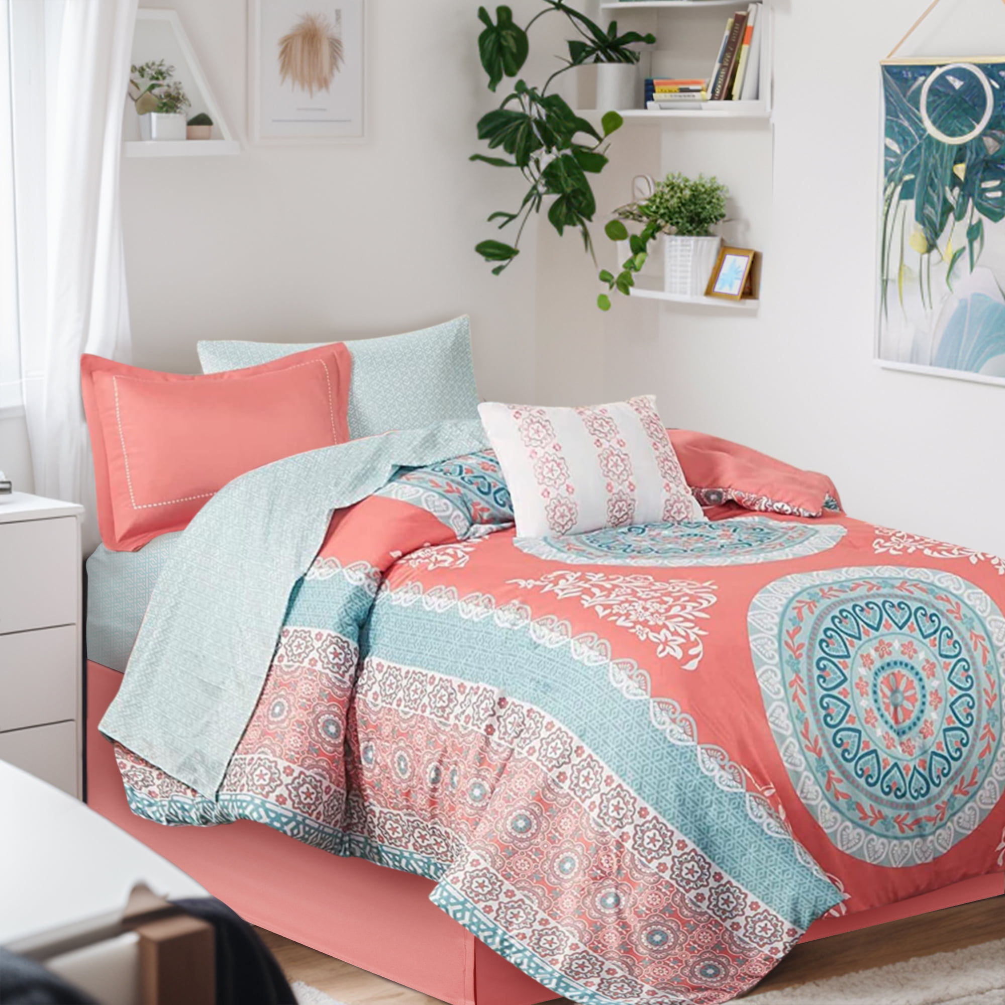 Regency Heights Twin Size Comforter Set, 7-Piece Bed in a Bag Twin, Coral Bedding Sets with Sheets, Bed Skirt for College Dorm