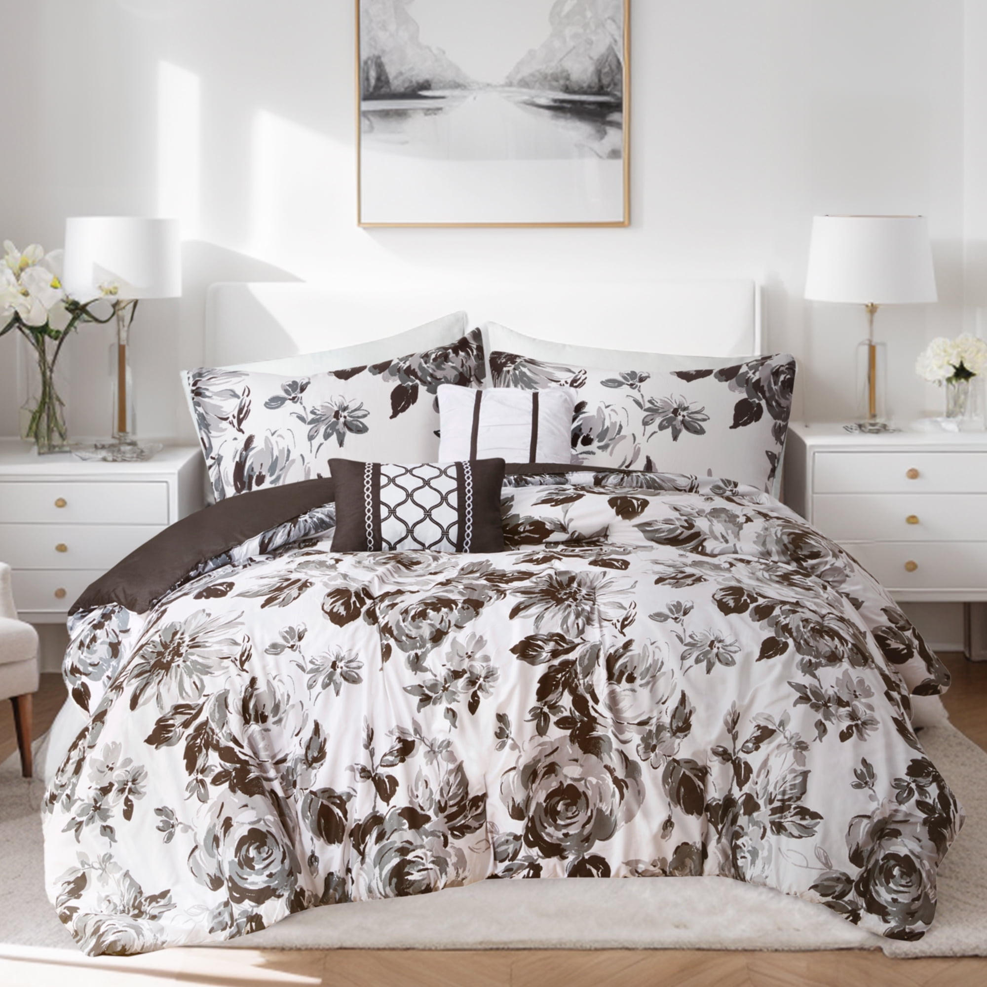Black and White Floral Twin Microfiber Comforter Set