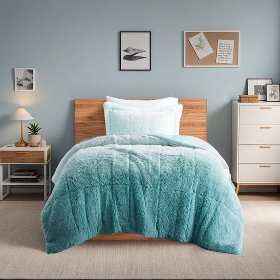 Intelligent Design Twin/Twin XL Shaggy Faux Comforter Set, Long Fur Wave Spring Comforter Bedding Set, 2-Piece Striped Ombre Design Warm Bed Set, Aqua