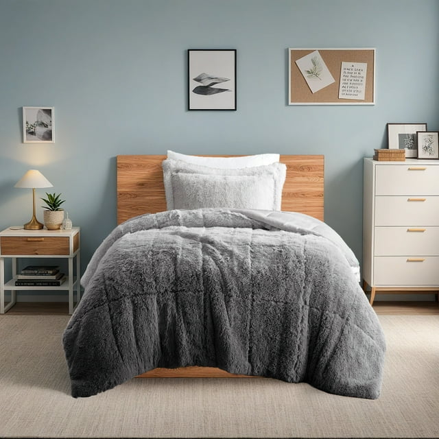 Intelligent Design Twin/Twin XL Shaggy Faux Comforter Set, Long Fur Wave Spring Comforter Bedding Set, 2-Piece Striped Ombre Design Warm Bed Set, Grey