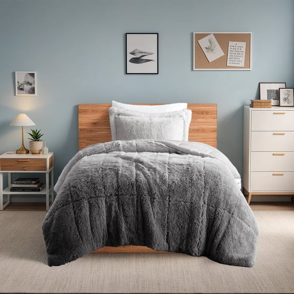 Intelligent Design Twin/Twin XL Shaggy Faux Comforter Set, Long Fur Wave Spring Comforter Bedding Set, 2-Piece Striped Ombre Design Warm Bed Set, Grey
