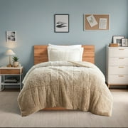 Intelligent Design Twin/Twin XL Shaggy Faux Comforter Set, Long Fur Wave Spring Comforter Bedding Set, 2-Piece Striped Ombre Design Warm Bed Set, Natural