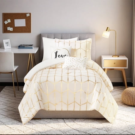 Regency Heights Twin/Twin XL Size Comforter Set, 4-Piece Bedding Set for All Seasons, Geometric Metallic Comforter Bed Set with Decor Pillows for College Dorm, Ivory/Gold