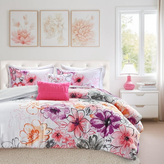 Intelligent Design Twin/Twin XL Size Comforter Set, 4-Piece Bedding Sets for All Season, Floral Bedding Comforter Set for Girls, Pink/Purple