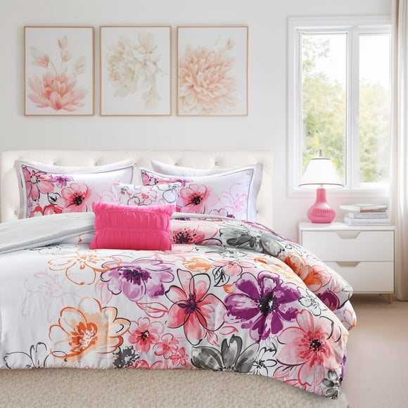 Intelligent Design Twin/Twin XL Size Comforter Set, 4-Piece Bedding Sets for All Season, Floral Bedding Comforter Set for Girls, Pink/Purple