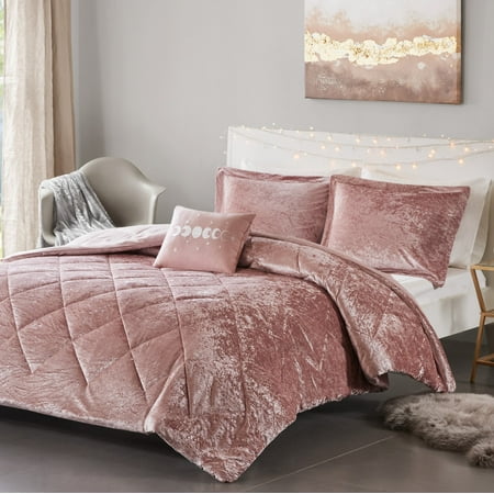 Intelligent Design Twin/Twin XL Velvet Comforter Set with Decor Pillow Diamond Quilting 3Pcs Blush
