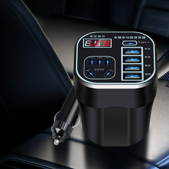 Intelligent Digital Display Car Mounted Cup Type Inverter, 12V/24V to 220V Power Supply Converter, Multifunctional Socket with 150W Peak Power, QC 3.0 Fast Charging, LED Display, Universal Fit