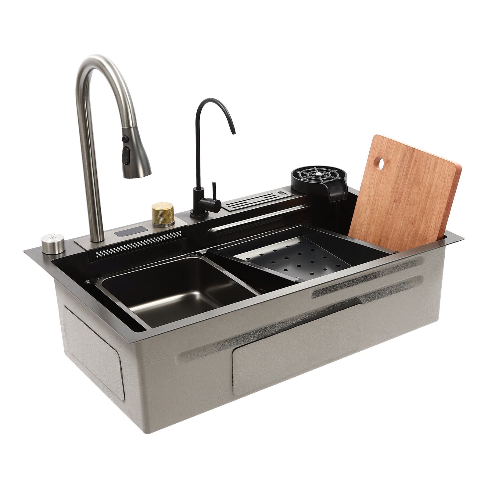 Intelligent Digital Display Stainless Steel Waterfall Sink, Kitchen Bowl Sink with 360 Faucet & Cutting Board, 29.5*17.7*8.6in