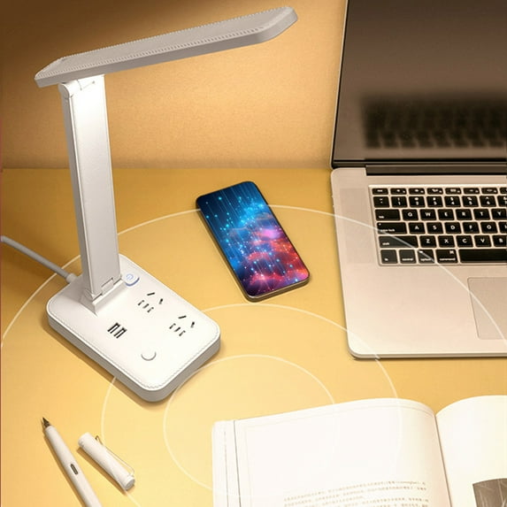 Intelligent LED Eye Protection Desk Lamp,Power Strip 2-in-1,2xUSB Charging Port,2 Three Hole Outlets,2.8m Power Line,Brightness & Color Temperature Adjustment,Safe Design