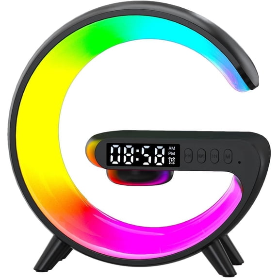Intelligent LED Table Lamp, 5 in 1 Wireless Charger Night Light Lamp, App Control Bluetooth Speaker Alarm Clock, Home Office Study Bedside Charging Lamp for Bedroom Home Decor (Black)