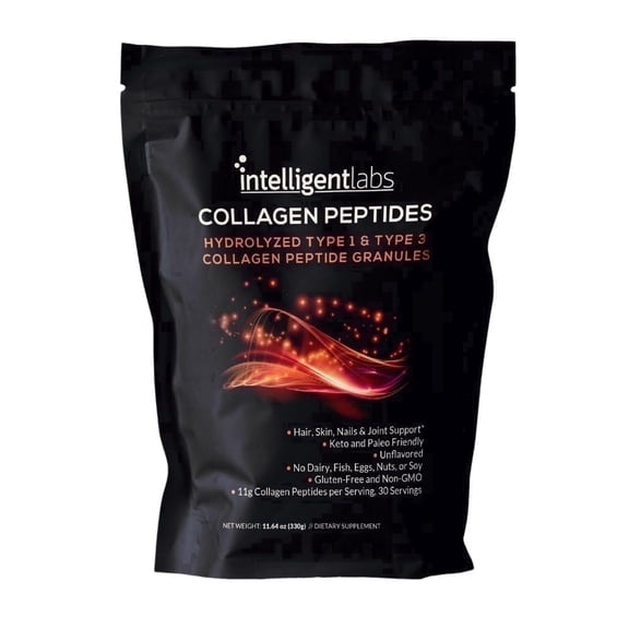 Intelligent Labs Hydrolyzed Type 1 and 3 Collagen Peptide Granules, Collagen Powder Unflavored, Keto and Paleo-Friendly, Third-Party Verified for Purity, 11g per Serving, 30 Servings a Pouch