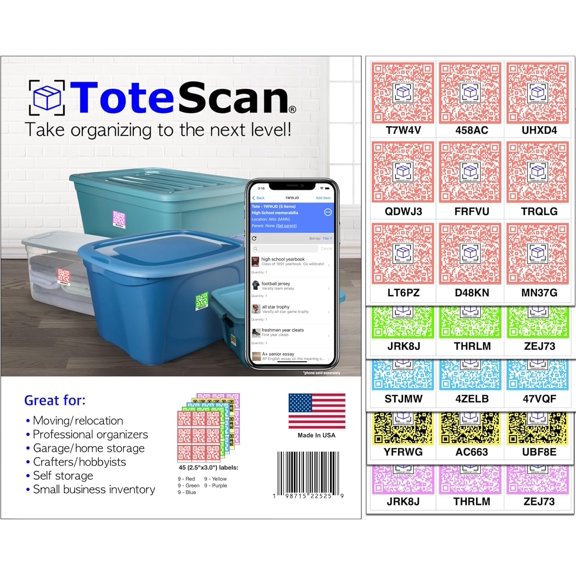 Intelligent QR Labels for Organization/Moving/Storage (45 Unique Labels, 2.5"x3") Multi-Color (red/Green/Blue/Yellow/Purple) (Multi-Color)